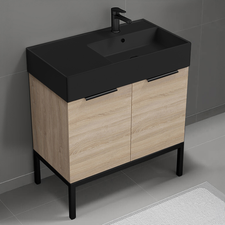Nameeks DERIN736 Modern Bathroom Vanity With Black Sink, Free Standing, 32 Inch, Brown Oak